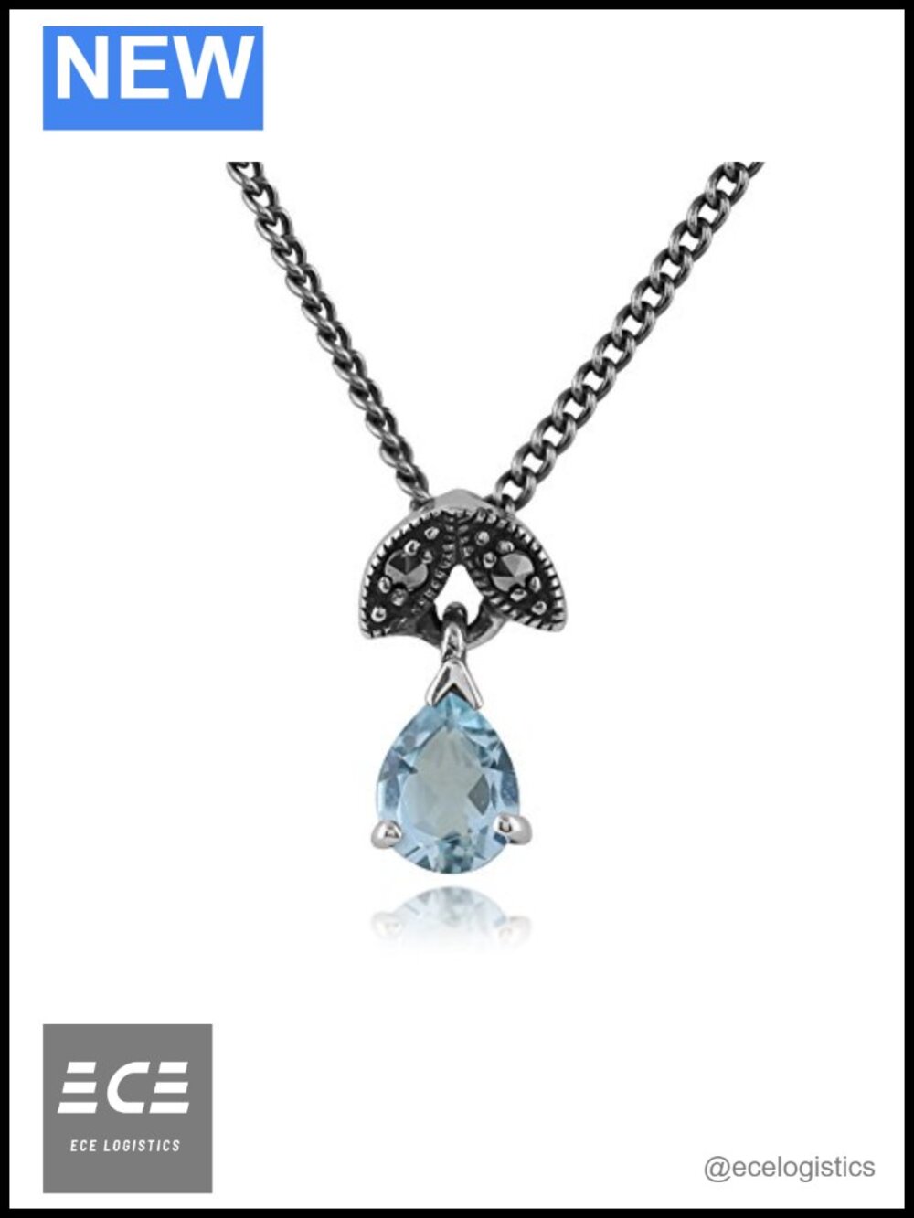 Sterling Silver 925 Pear Aquamarine Marcasite Cable Chain Necklace 45cm